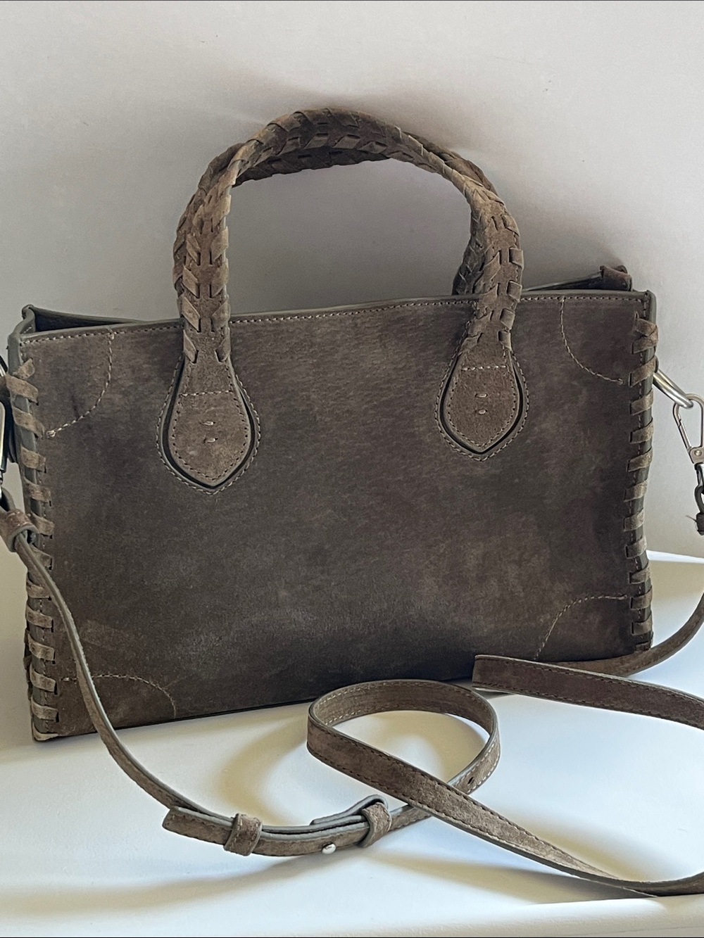 Zara Brown Suede City Bag Braided Woven Handles Leather Crossbody Satchel Tote